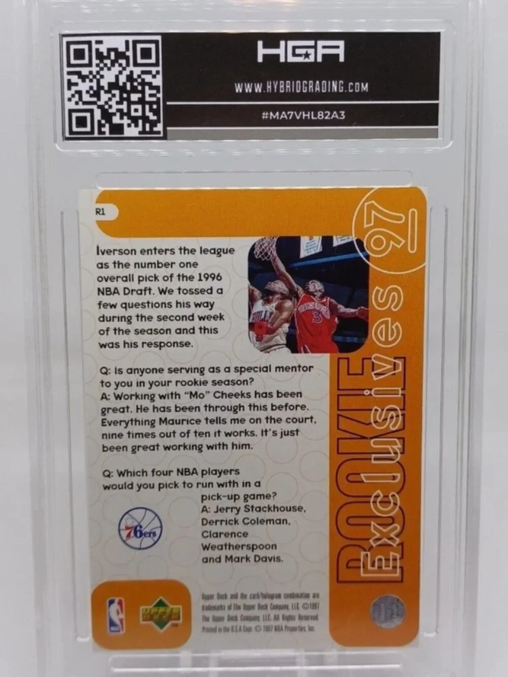 1996-97 Upper Deck Allen Iverson RC Rookie Exclusives #R1 HGA 9